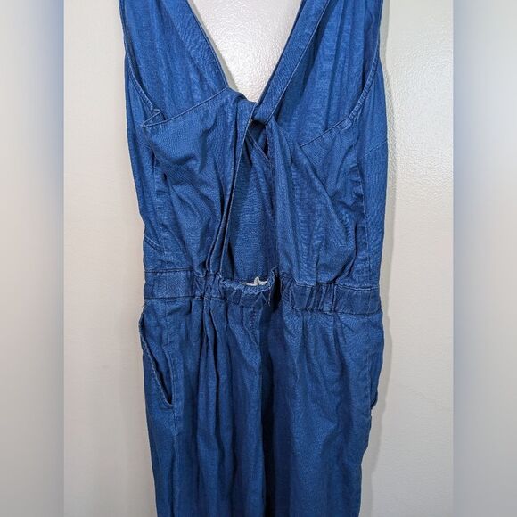 Madewell Jumpsuit Blue Straight Leg 100% Linen Pockets Cut-Out Elastic Back 4 - Picture 10 of 16